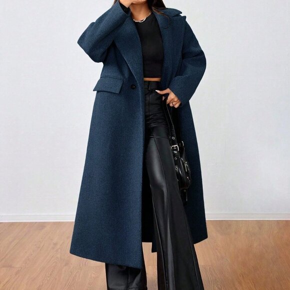 Navy Blue Casual Women's Lapel Long Coat - Picture 4 of 6